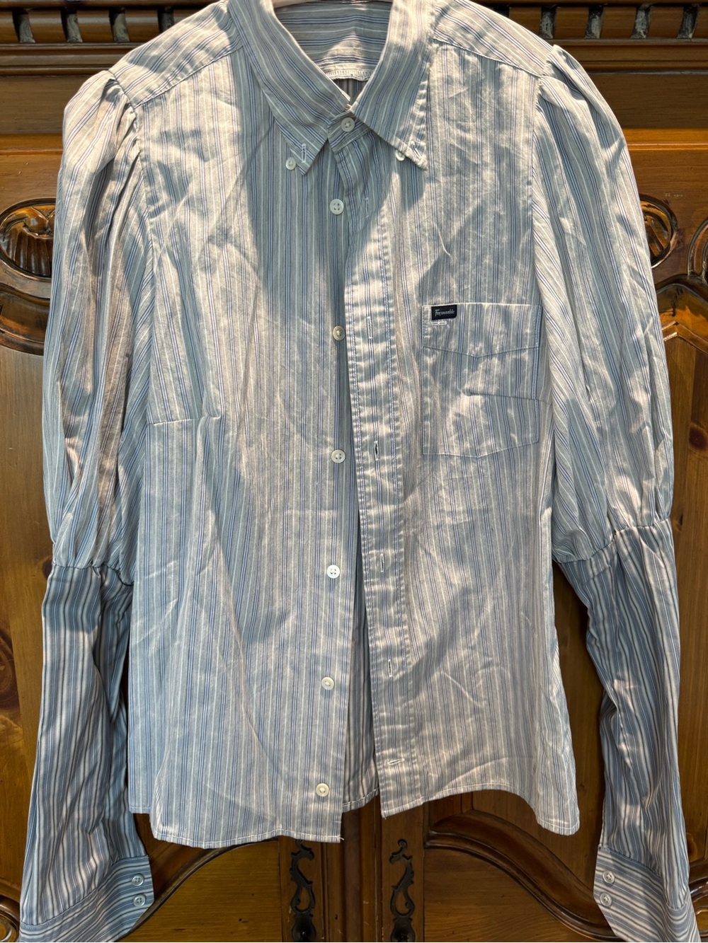Light Blue Striped Button-Down Shirt with Puff Shoulder